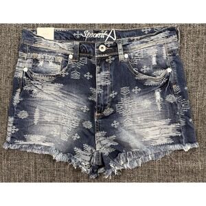 Special A Denim Shorts L Aztec Tribal Print Distressed Raw Hem Boho Y2K Festival